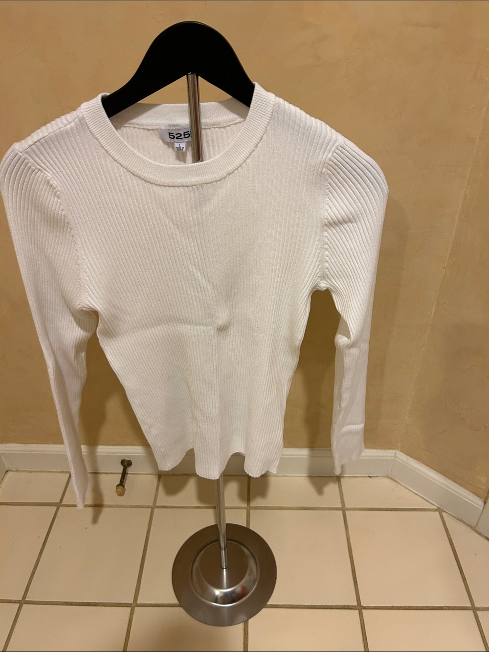 525 America White Ribbed Long Sleeve Crewneck Top
